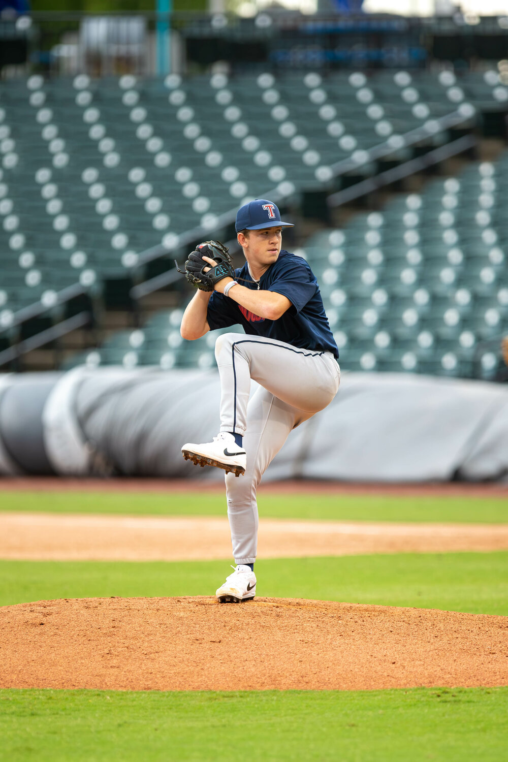 Kaden Bertrand pitches during the GHBCA Seniors All-Star game at Constellation Field in Sugar Land.